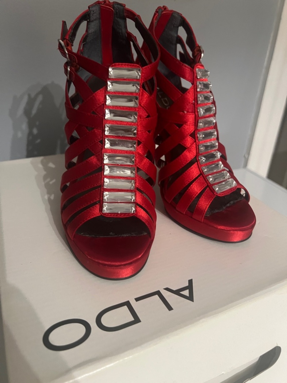 ALDO Red Satin Strappy Heels with Rectangular Crystal Accents